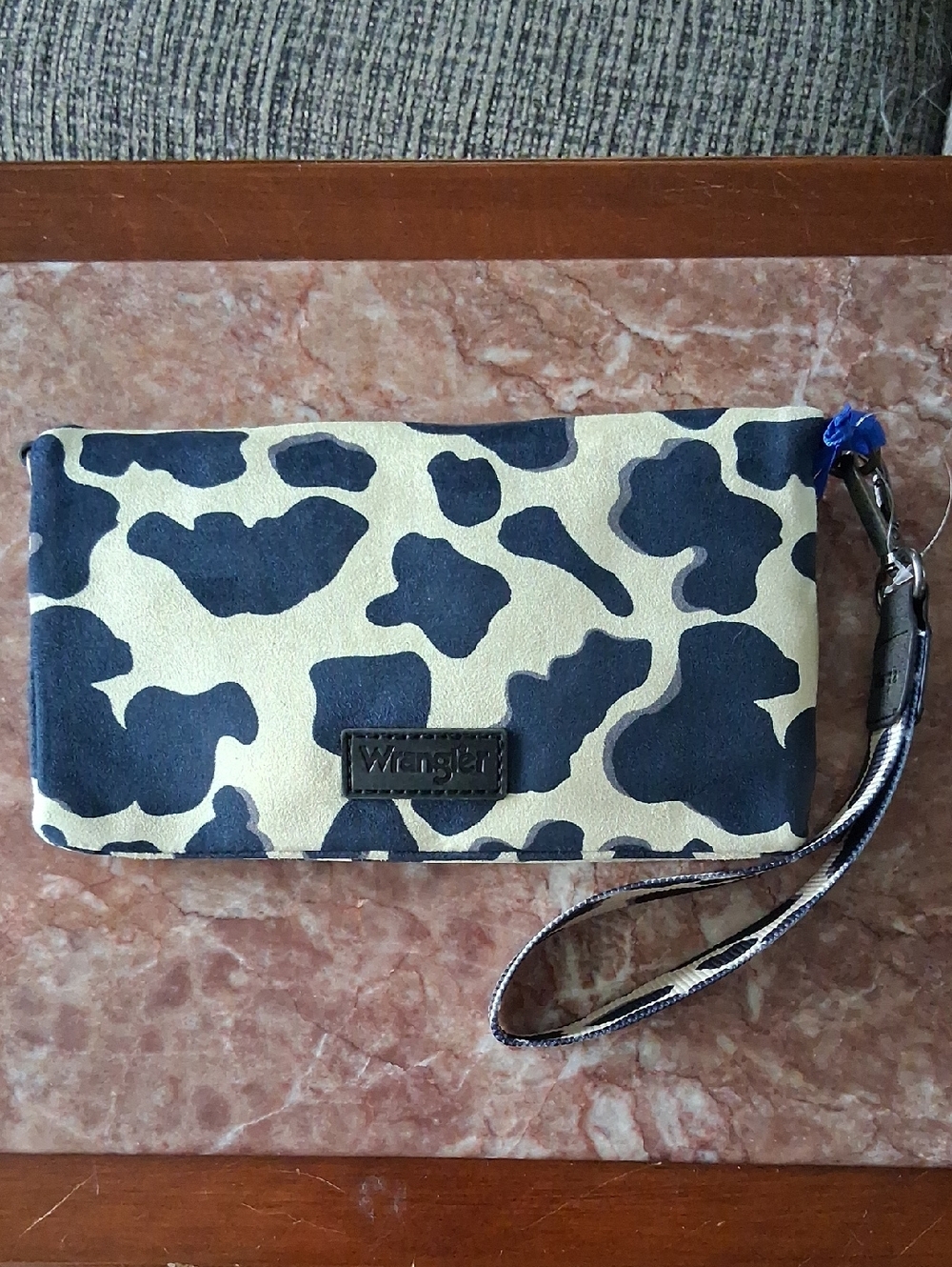 Wrangler Blue and Cream Cow Print Wristlet